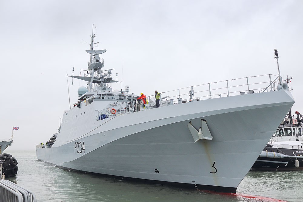 HMS Spey sails into Portsmouth Naval base for the first time. Image: UK Crown Copyright 2020